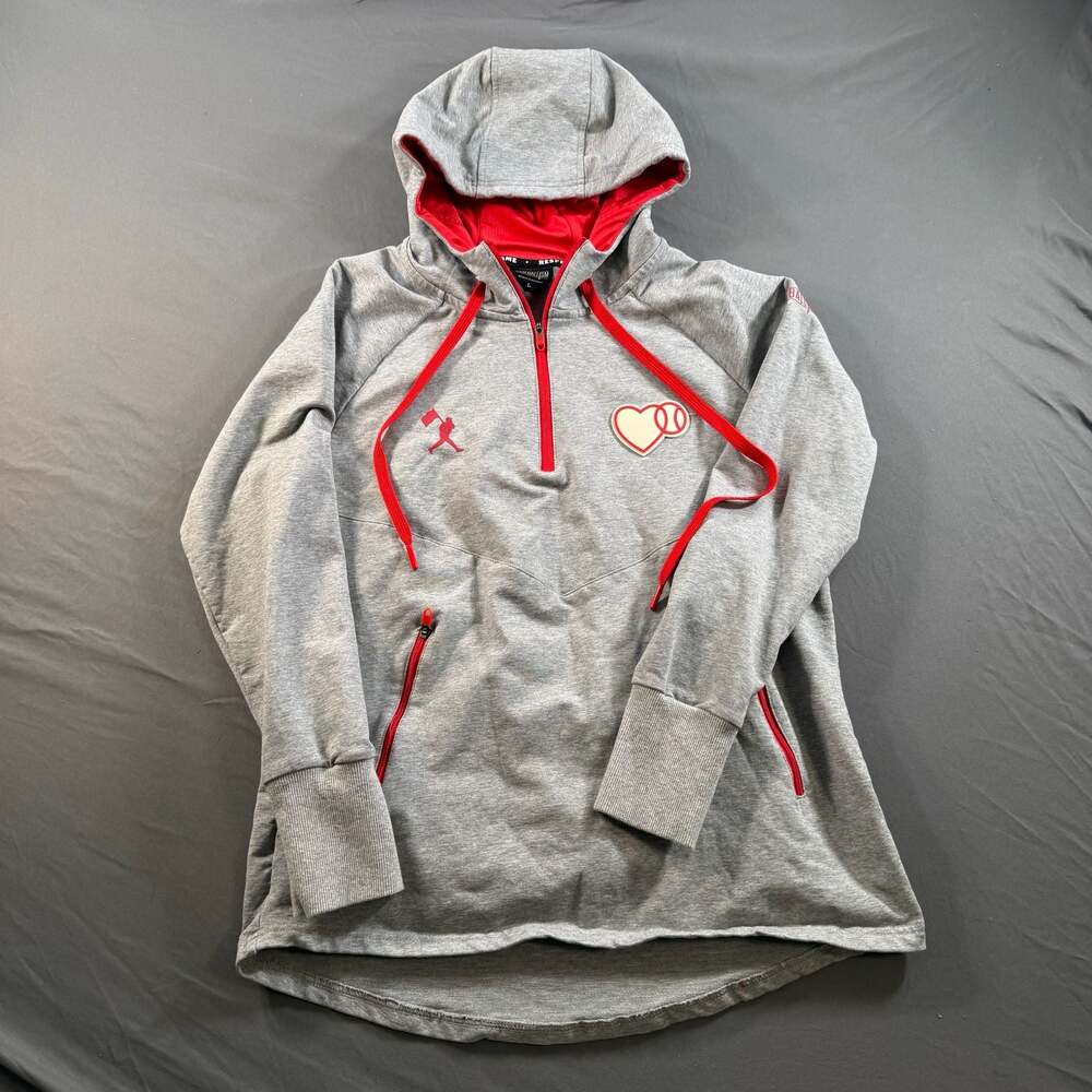 Baseballism Women’s L Gray Red 1/4 Zip Hoodie Baseball Heart Pullover